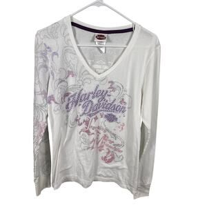 Harley Davidson Women's Size Large White V-Neck Floral Studded Long Sleeve Shirt